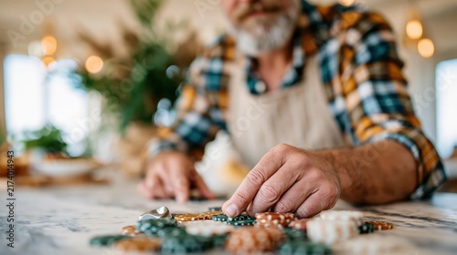 A skilled artisan focuses intently on creating beautiful jewelry, with colorful beads spread out on the table, symbolizing creativity and craftsmanship in a serene indoor environment.