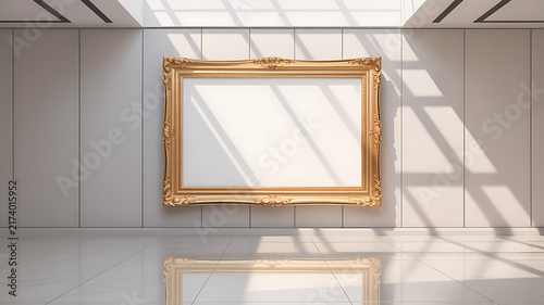 Elegant empty art gallery room with a large golden ornate picture frame on a white wall