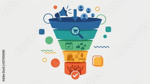 Colorful sales marketing funnel diagram with icons.