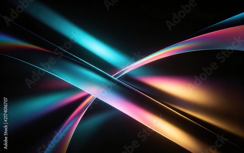 Abstract Holographic Laser Light Effect, Iridescent Rainbow Arcs on Black
