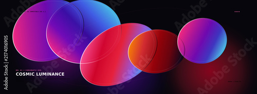 Cosmic luminance abstract background, vibrant glassmorphism circles with colorful gradients, futuristic glowing spheres on dark backdrop vector