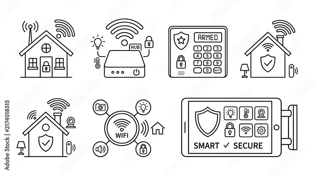 Obraz premium Smart Home Automation and Security System Line Art Icon Set
