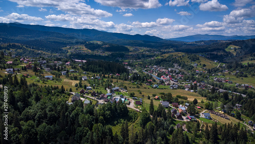 Aerial view of the village of Vorokhta in summer
