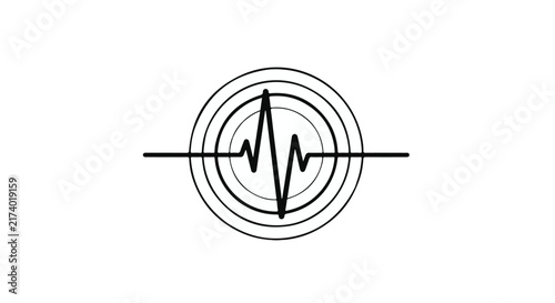 Heartbeat line graphically represents a vital pulse, centered within concentric circles and a horizontal line on a clean white background, symbolizing health and life.
