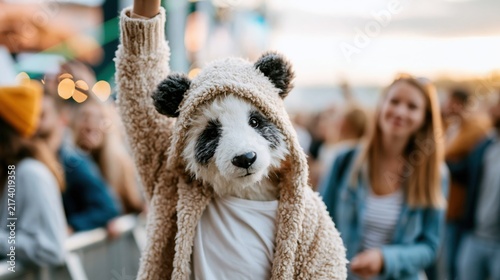 A fun-loving person in a panda suit joyfully participating in a lively festival, encapsulating the spirit of celebration, unity, and whimsical enjoyment.