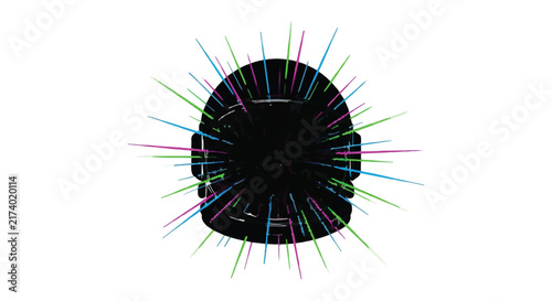 Futuristic black helmet-like object emits a dynamic burst of colorful, sharp light rays, creating an energetic and modern visual on a clean white background.