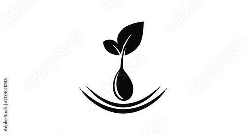 A minimalist black icon depicts a young plant sprout with two leaves emerging from a seed or water drop, gracefully cradled by two curved lines against a white background.