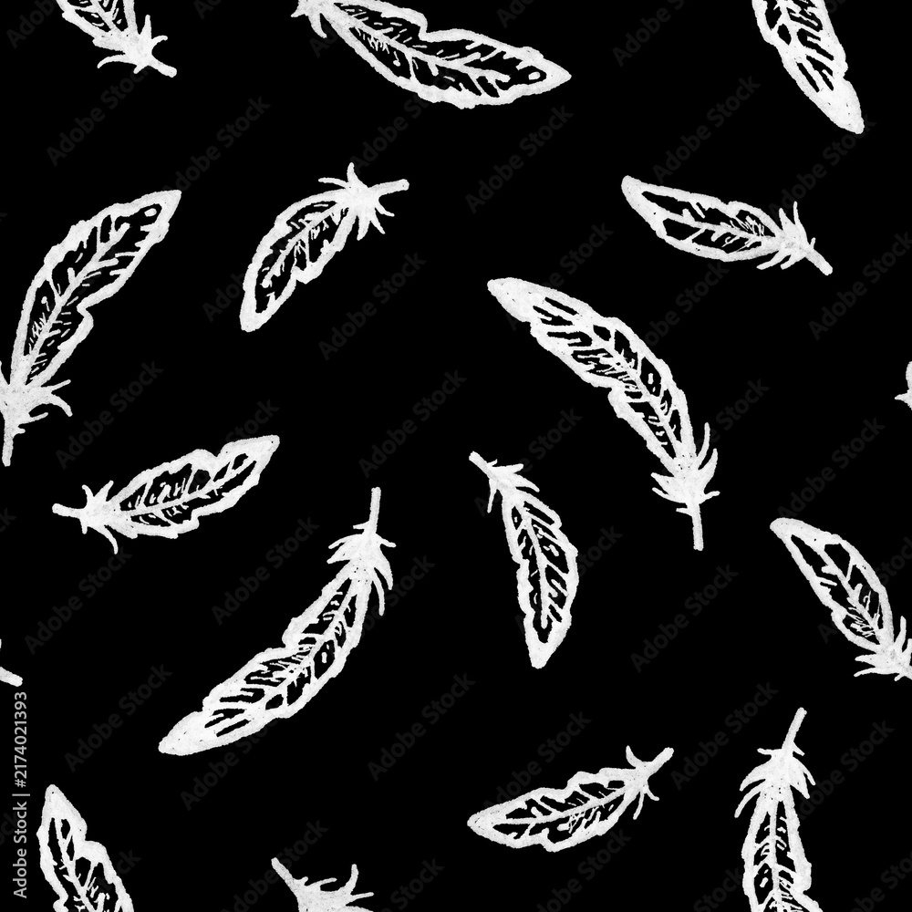 Obraz premium Hand-drawn grunge white fineliner seamless pattern of flying raven feathers on black background for gothic textiles, dark fantasy apparel, witchy stationery, horror wrapping paper, mystical home decor