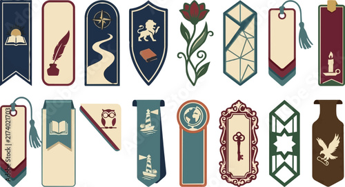 Bookmarks featuring various vintage literary and decorative designs displayed neatly in a horizontal row on a clean surface.