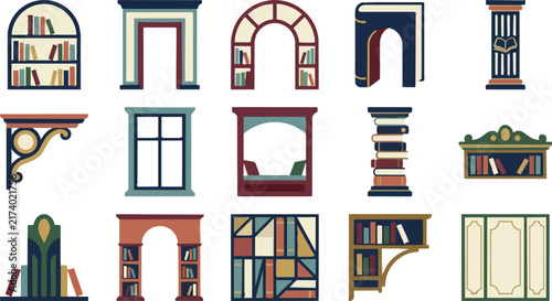 Architecture library illustrations displaying bookshelves, archways, columns, and interior design elements.
