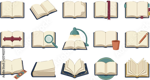 Books vector icons set collection featuring open publications and study accessories for education.