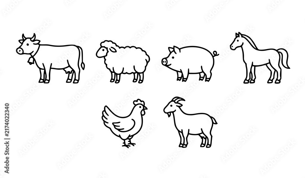 Fototapeta premium Farm animal black outline icon set cow sheep pig horse chicken goat vector