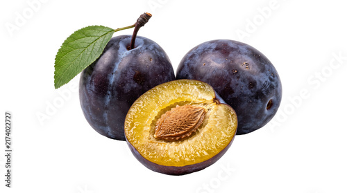 Bild auf Leinwand Fresh Purple Plums Whole and Half Slice with Leaf Isolated on Transparent Backgr