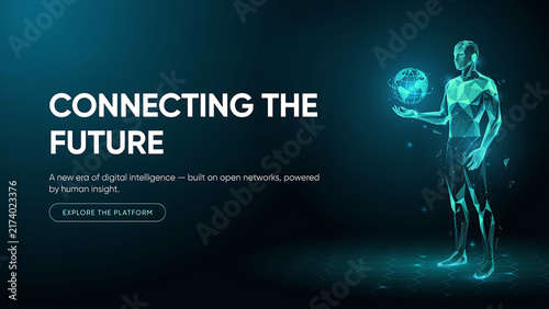 Digital human figure holding a glowing wireframe globe on dark
