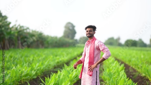 Young indian farmer analyse at green turmeric crop at agriculture field 