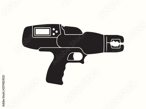 A side silhouette of a farming tool for cattle identification on a white background