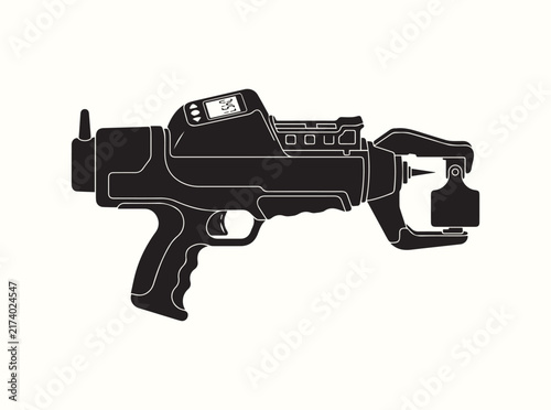 Automated ear tag gun with a digital display in side view black silhouette on white