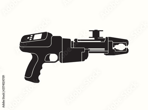 Side silhouette of a modern cattle ear tag applicator with a digital screen on a white background