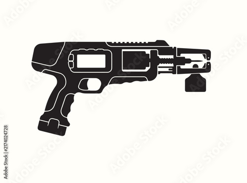 Black side view of an automated livestock tagging device on a white backdrop