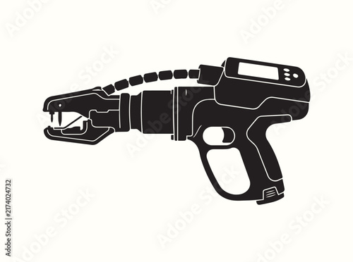 Side profile of an automated cattle ear tag applicator gun with a digital display on a white background