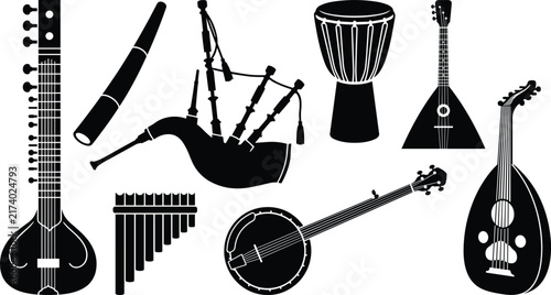Foto Set of traditional world musical instruments black silhouette icons featuring si