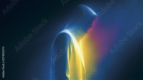 Infrared night surveillance view of glowing human figure in white and yellow against navy backdrop, cinematic thermal lighting and smooth gradients with right copy space for security websites