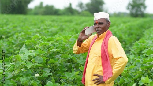 senior indian farmer talking on mobile phone at cotton agriculture field