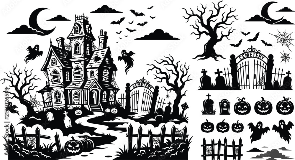 Naklejka premium Halloween haunted house vector illustration with spooky castle and full moon background