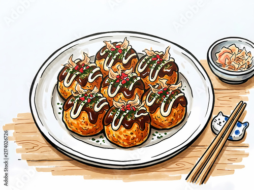 Japanese Takoyaki Illustration - Hand Drawn Octopus Balls with Sauce and Mayo