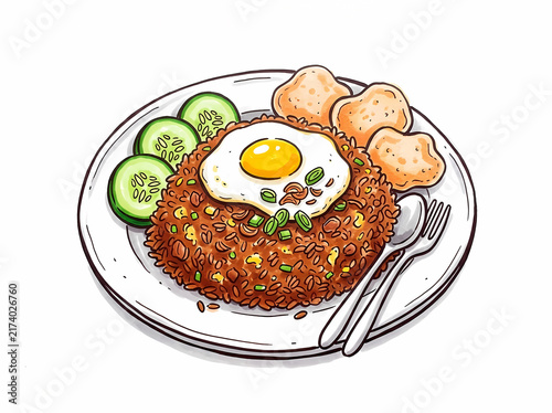 Indonesian Nasi Goreng Illustration with Fried Egg and Crackers