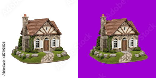 Miniature stone cottage model on green grass terrain transparent png