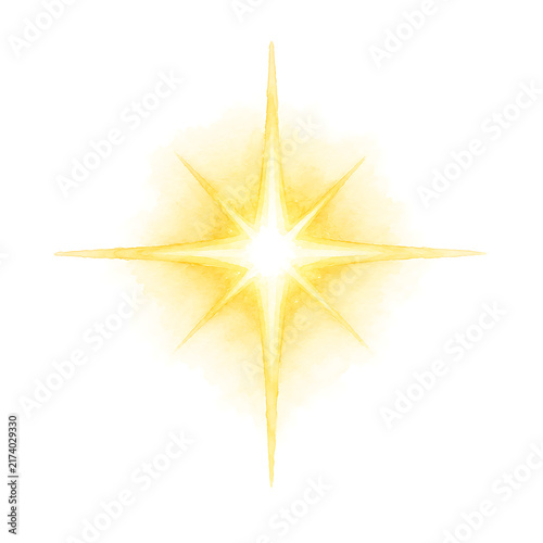 Yellow watercolor shining star illustration isolated on a white background.