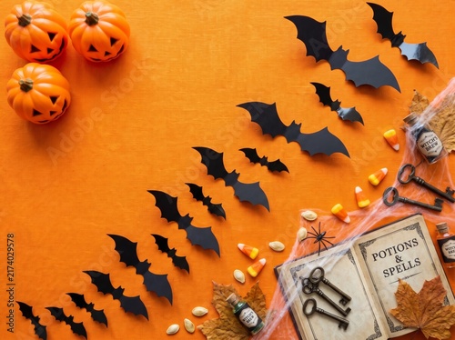 Flat lay top view of black paper bats flying across an orange background with small decorative pumpkins a magic spell book old keys candy corn and autumn leaves