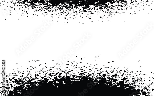 Horizontal grunge black spray paint border frame texture on white background with splatter