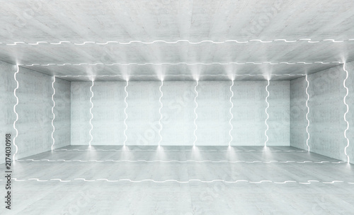 concrete interior 3d, wavy neon wall lighting, wave-shaped floor linear lighting, line lighting, minimalist interior, 3d interior design, background, wallpaper.