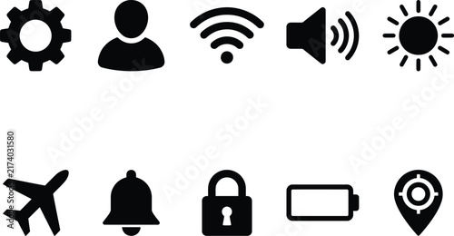 Collection of ten simple black silhouette icons representing technology and communication