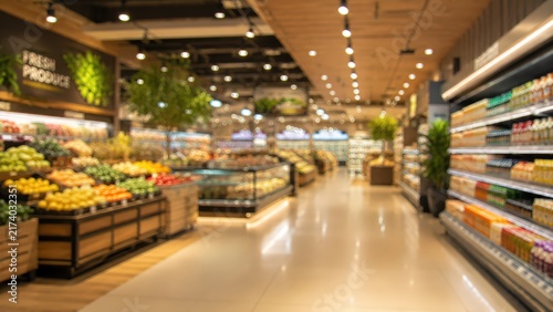 Grocery store produce aisle with shelves of fresh fruits and vegetables. The interior retail space features soft focus lighting and blurred displays for a commercial background.