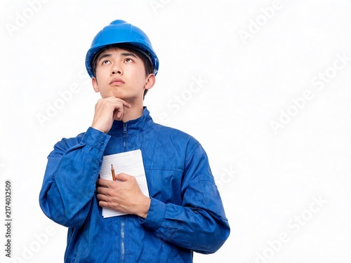 Unsure young male engineer wearing safety helmet and uniform holding note pad and pencil keeping hand on chin looking up isolated on white background
