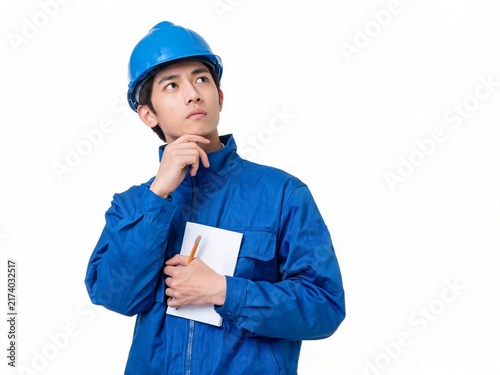 Unsure young male engineer wearing safety helmet and uniform holding note pad and pencil keeping hand on chin looking up isolated on white background
