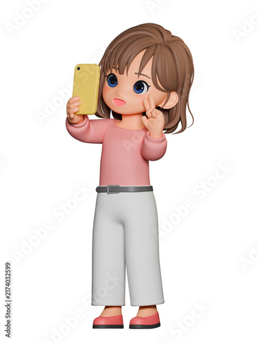 Tapety artystyczne 3D CG｜スマホで自撮りする若い日本人女性