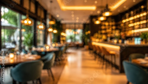 Elegant restaurant interior featuring soft bokeh lighting and blurred dining tables. The warm atmosphere highlights a sophisticated bar area with comfortable seating for guests.
