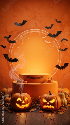 Halloween product display with glowing jackolanterns pumpkins flying bats and a misty podium on a dark wooden surface with autumn leaves against an orange background
