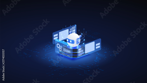 AI agent automation isometric vector illustration. robot assistant dashboard automation system concept with digital machine learning.