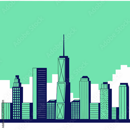 Modern urban skyline graphic featuring geometric skyscrapers and towers.
