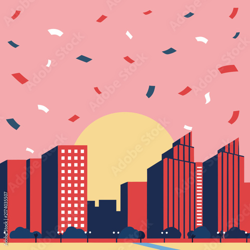 Metropolitan skyline during sunset with falling confetti and festive mood.