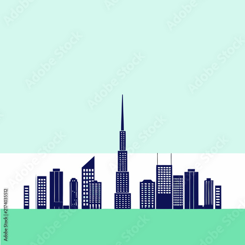 Cityscape silhouette vector illustration against a light green background.
