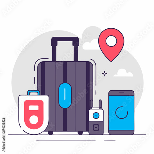 Luggage and smartphone icons represent modern travel technology.