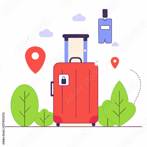 Red travel suitcase with location pins and green trees in a flat vector design.