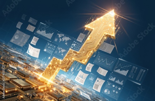 Glowing golden circuit board forming upward arrow piercing through business documents and holographic dashboards symbolizing AI-driven exponential growth.