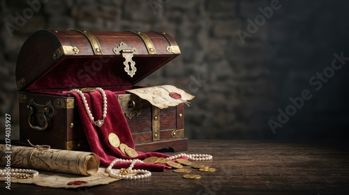 Luxury antique treasure chest with gold coins and pearls